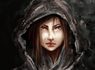 Картинка фэнтези девушки капюшон арт девушка зеленые глаза волосы