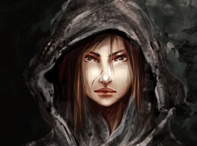 Обои картинки фото фэнтези, девушки, капюшон, арт, девушка, зеленые, глаза, волосы