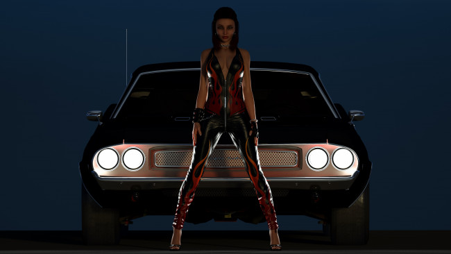 Обои картинки фото автомобили, 3d car&girl, автомобиль, фон, взгляд, девушка