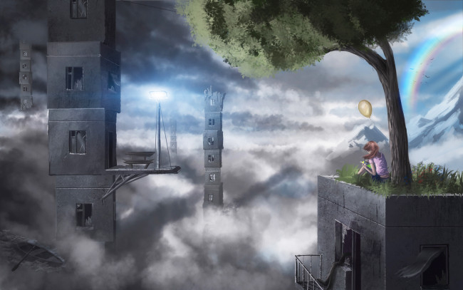 Обои картинки фото фэнтези, иные миры,  иные времена, дерево, мир, девочка, радуга, иной