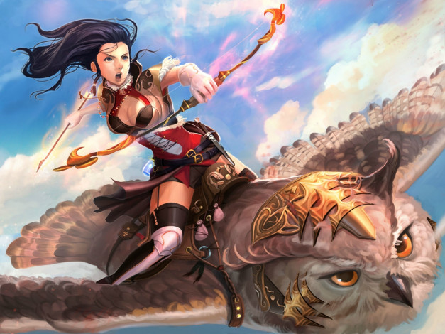 Обои картинки фото фэнтези, красавицы и чудовища, оружие, девушка, взгляд, рыжая, костюм, арт, фантастика