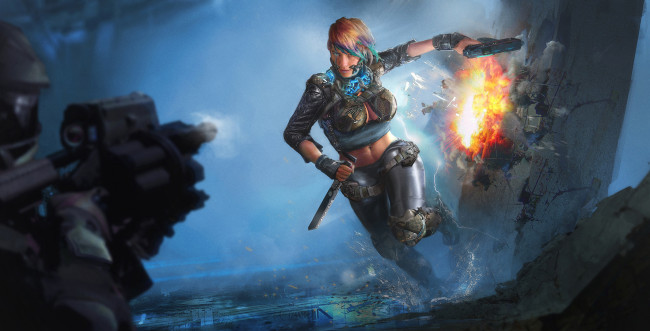 Обои картинки фото фэнтези, роботы,  киборги,  механизмы, девушка, киборг, пистолет, фантастика, киберпанк, нож