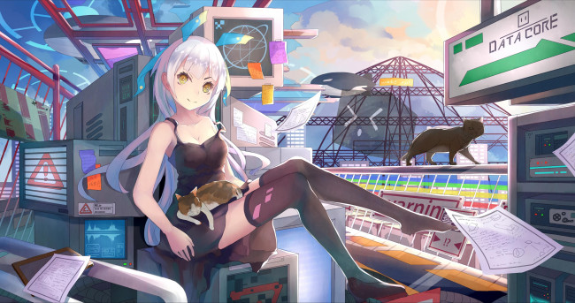 Обои картинки фото аниме, город,  улицы,  здания, коты, девушка, арт