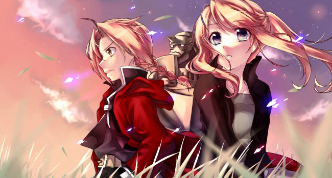 Обои картинки фото аниме, fullmetal alchemist, доспехи, парень, алхимик, edward, rockbell, alchemist, alphonse, winry, elric