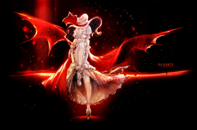 Обои картинки фото аниме, touhou, yoshioka, yoshiko, арт, крылья, remilia, scarlet, девушка, огонь, чепчик