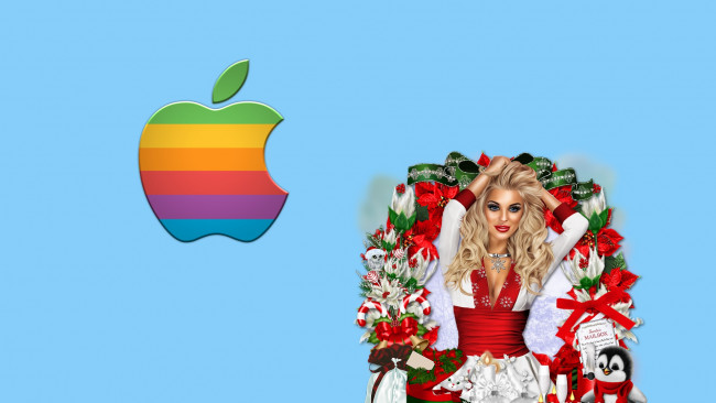 Обои картинки фото компьютеры, apple, девушка, взгляд, фон, логотип