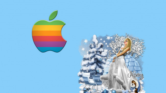 Обои картинки фото компьютеры, apple, логотип, фон, взгляд, девушка