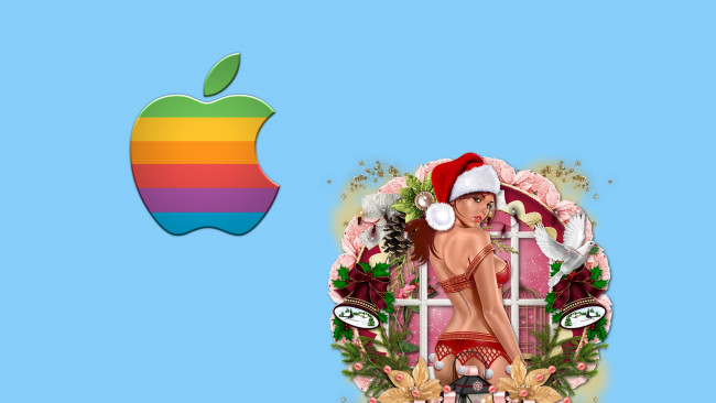 Обои картинки фото компьютеры, apple, взгляд, девушка, логотип, фон