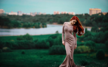 Картинка девушки -unsort+ рыжеволосые+и+другие зелень река платье рыжая