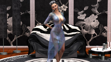Картинка 3д+графика люди+ people девушка фон взгляд диван платье