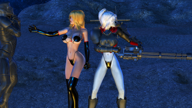 Обои картинки фото 3д графика, фантазия , fantasy, девушки, фон, пулемет, униформа