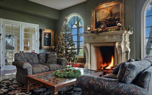 Обои картинки фото праздничные, новогодний очаг, елка, камин, венок