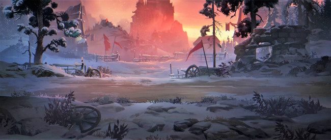 Обои картинки фото фэнтези, замки, замок, снег, колеса, флаги