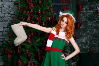 обоя девушки, kirdjava, рыжая, шарф, костюм, валенки, ёлка