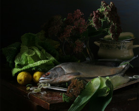 Картинка ира быкова натюрморт большой рыбой еда