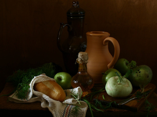 Обои картинки фото ира, быкова, кувшины, хлеб, еда, натюрморт
