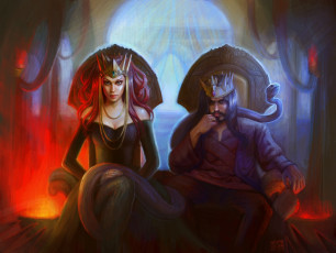 Картинка фэнтези люди удав змея короны троны королева король