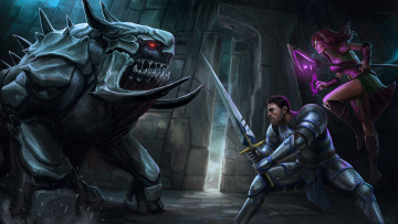 Картинка фэнтези существа волшебница магия посох девушка меч рыцарь монстр