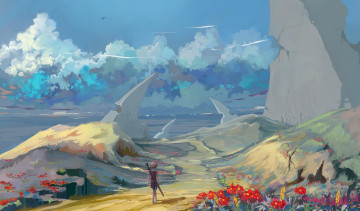 Картинка фэнтези иные+миры +иные+времена цветы дорога меч мир обелиски ребенок иной