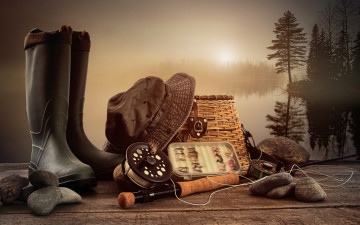 Картинка разное рыбалка +рыбаки +улов +снасти сапоги