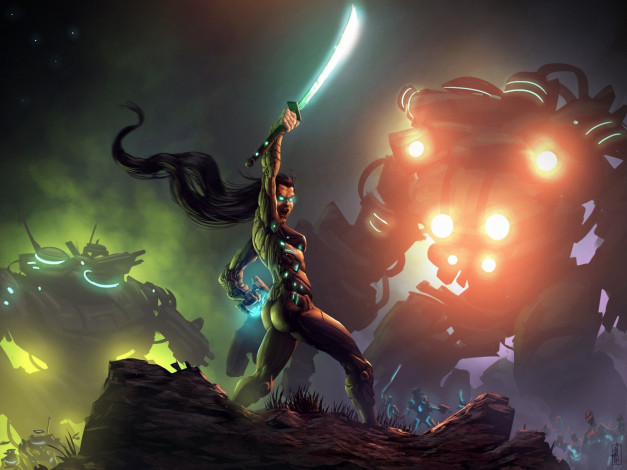 Обои картинки фото фэнтези, роботы,  киборги,  механизмы, сражение, меч, киборги