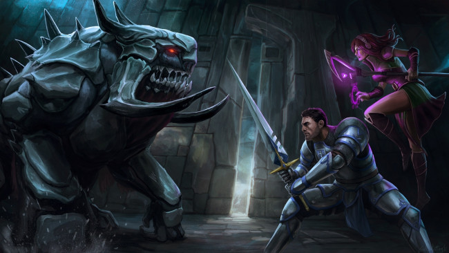 Обои картинки фото фэнтези, существа, волшебница, магия, посох, девушка, меч, рыцарь, монстр