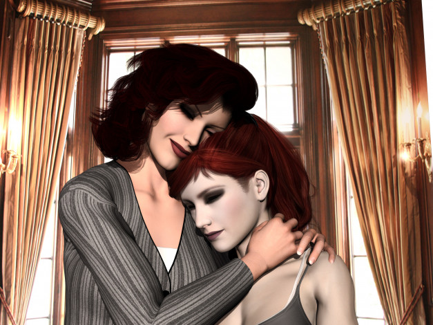 Обои картинки фото 3д графика, люди , people, мать, фон, взгляд, девушка, дочь