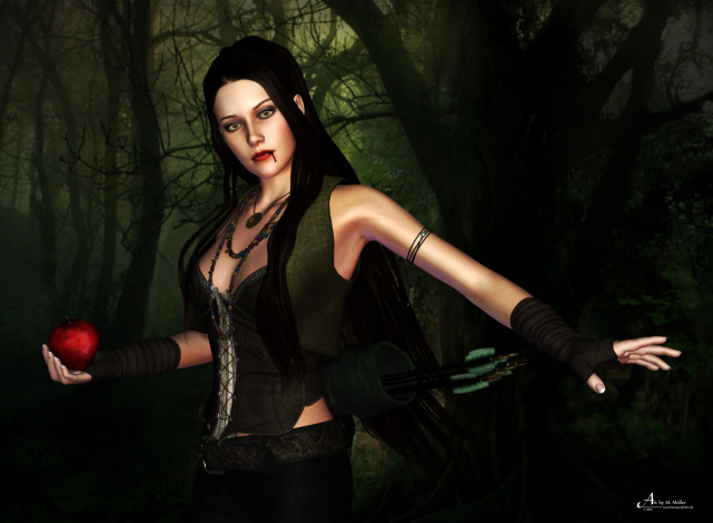 Обои картинки фото 3д графика, люди , people, девушка, яблоко, фон, взгляд