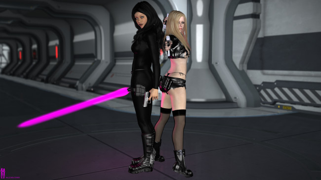 Обои картинки фото 3д графика, фантазия , fantasy, оружие, взгляд, девушки, фон