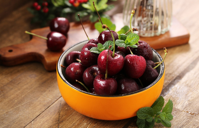 Обои картинки фото еда, вишня,  черешня, миска, ягоды