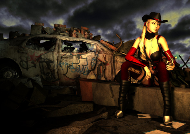 Обои картинки фото 3д графика, фантазия , fantasy, оружие, фон, взгляд, девушка