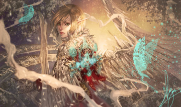 Картинка фэнтези ангелы крылья бабочки девушка взгляд ушки арт