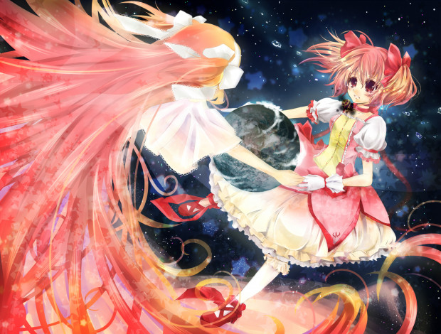 Обои картинки фото аниме, mahou shoujo madoka magika, goddess, madoka, kaname, арт, бант, девочка-волшебница, мадока, космос, планета, звезды, девушки, слезы, mahou, shoujo, magica