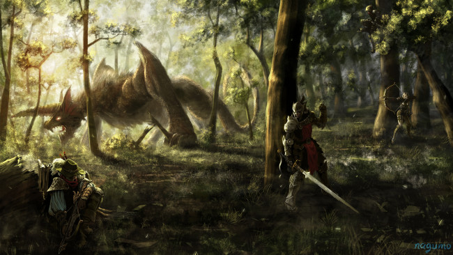 Обои картинки фото автор,  nagumo , qmzp10, фэнтези, существа, лес, воины, монстр