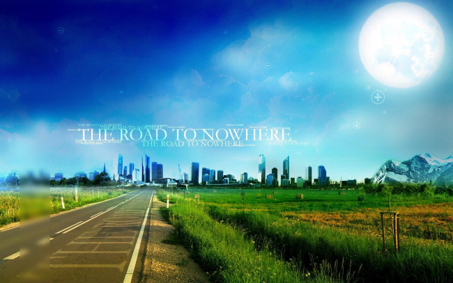 Обои картинки фото разное, компьютерный дизайн, небо, луна, город, дорога, шоссе, трава, надписи, горы