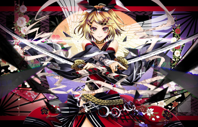 Обои картинки фото аниме, vocaloid, взгляд, юката, мечи