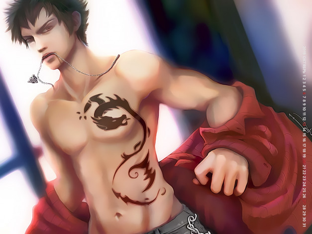 Обои картинки фото календари, аниме, мужчина, 2019, calendar, рисунок, тату, дракон