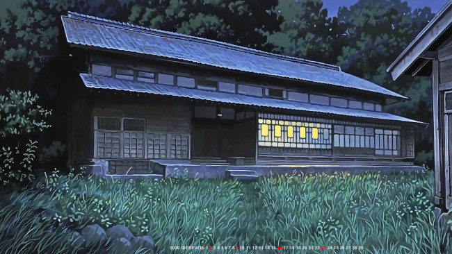 Обои картинки фото календари, аниме, дом, вечер, здание, 2020, calendar, деревья, трава, растение