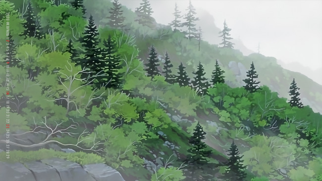 Обои картинки фото календари, аниме, растение, природа, зеленый, камни, деревья, 2020, calendar, пейзаж