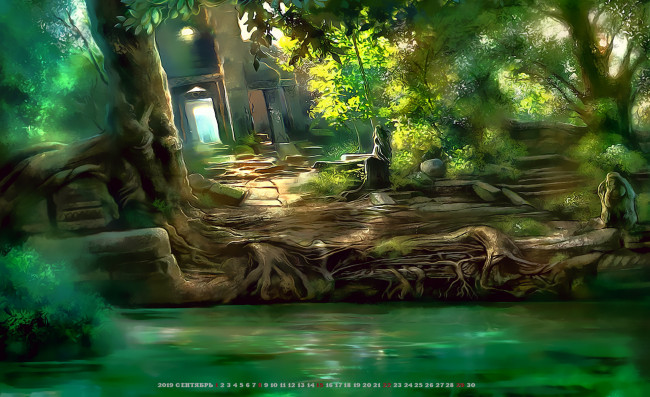 Обои картинки фото календари, фэнтези, 2019, calendar, растение, деревья, природа, здание, водоем