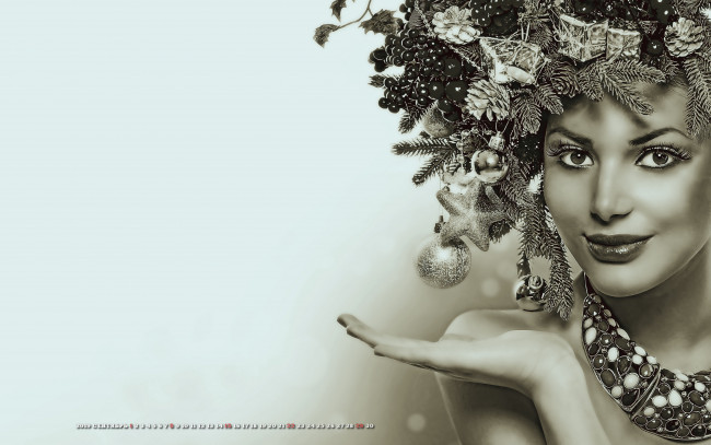 Обои картинки фото календари, компьютерный дизайн, лицо, calendar, взгляд, украшение, девушка, праздник, венок, 2019