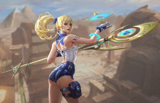 Обои картинки фото фэнтези, девушки, оружие, посох, девушка, хвостики