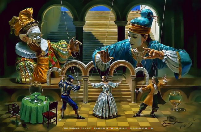 Обои картинки фото календари, фэнтези, 2019, calendar, нить, грим, декорация, стол, кукла, марионетка