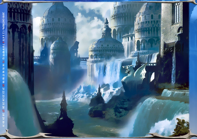 Обои картинки фото календари, фэнтези, водопад, здание, 2019, calendar, город, архитектура