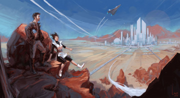 Картинка фэнтези иные+миры +иные+времена мужчина женщина скалы город летательный аппарат