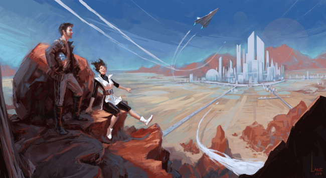 Обои картинки фото фэнтези, иные миры,  иные времена, мужчина, женщина, скалы, город, летательный, аппарат