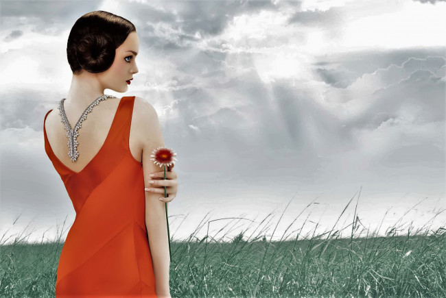 Обои картинки фото lisa cant, девушки, - брюнетки,  шатенки, брюнетка, платье, ожерелье, цветок