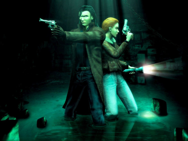 Обои картинки фото видео игры, alone in the dark 4, парень, девушка, фонарь, оружие, вода