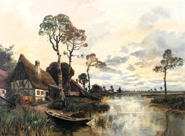 Обои картинки фото рисованное, alois arnegger, река, лодка, деревья, дома