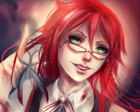 Картинка аниме kuroshitsuji улыбка ножницы арт рисованный очки парень темный дворецкий шинигами